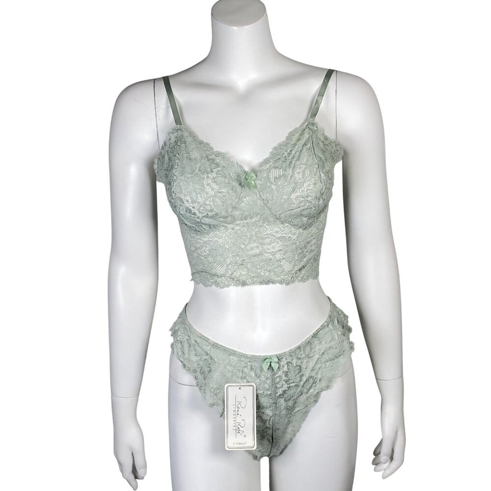 Rene Rofe Lingerie Unforgettable Lace Bralette and Panty Set Size M Sage Green